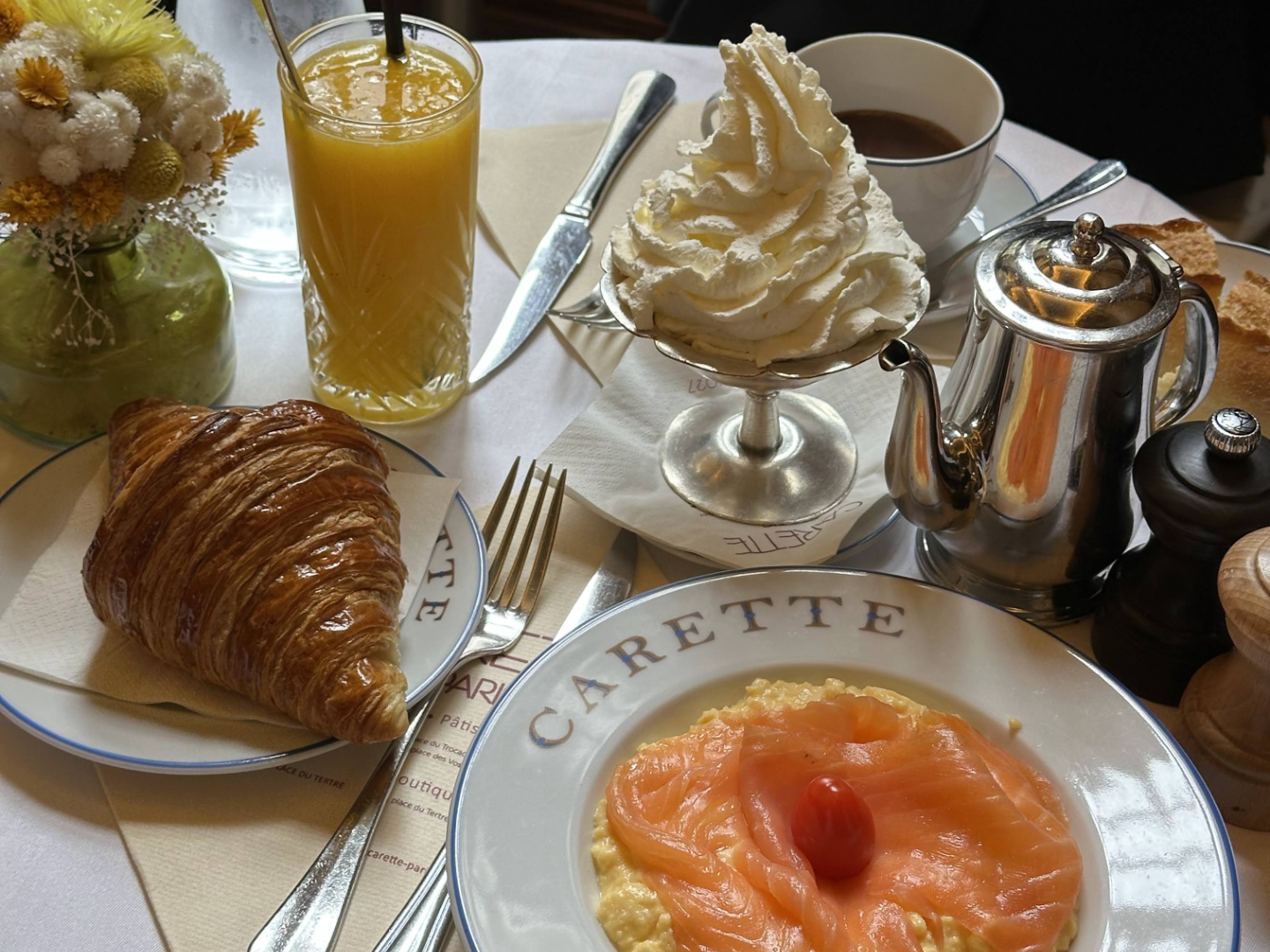 Carette Norwegian Salmon Scrambled Eggs, Croissant, and Chocolate