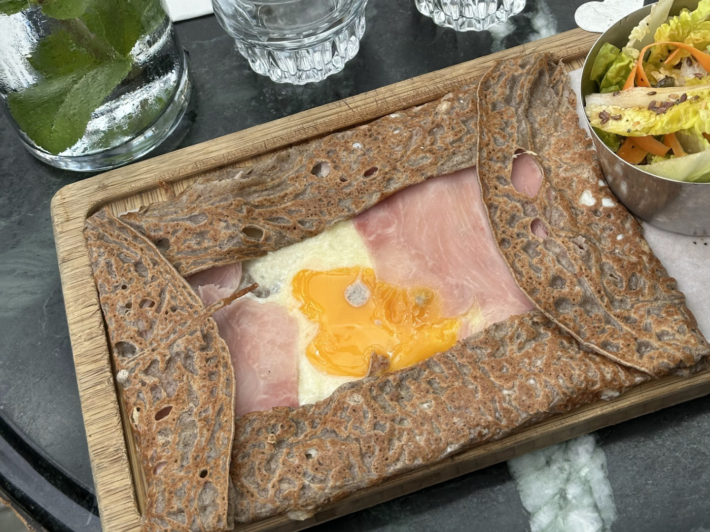 La Crème de Paris Egg, Ham, Grated Emmental Galette